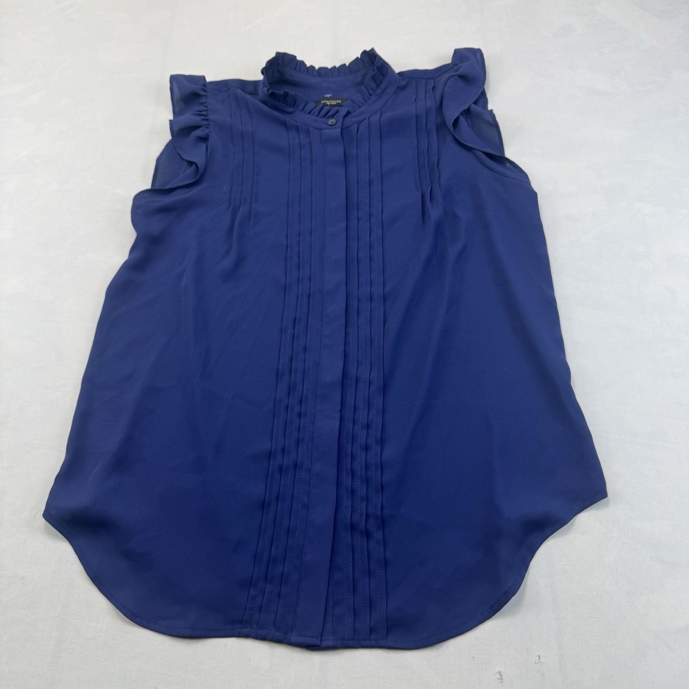 Ann Taylor Factory Women's Navy Pintuck Ruffle Sleeveless Blouse Size S